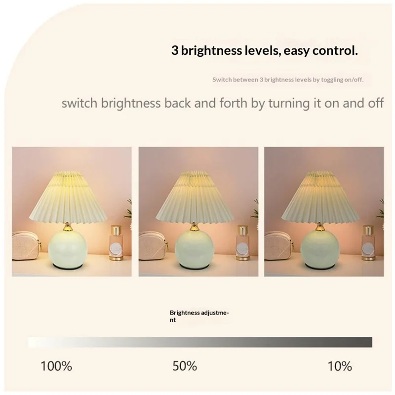 12W Pleated Table Lamp 3 Level Brightness Bedside Night Light Eye-Caring Flicker-Free Warm Light Lamp - Beige Lampshade  /  Cream Color Base, EU Plug