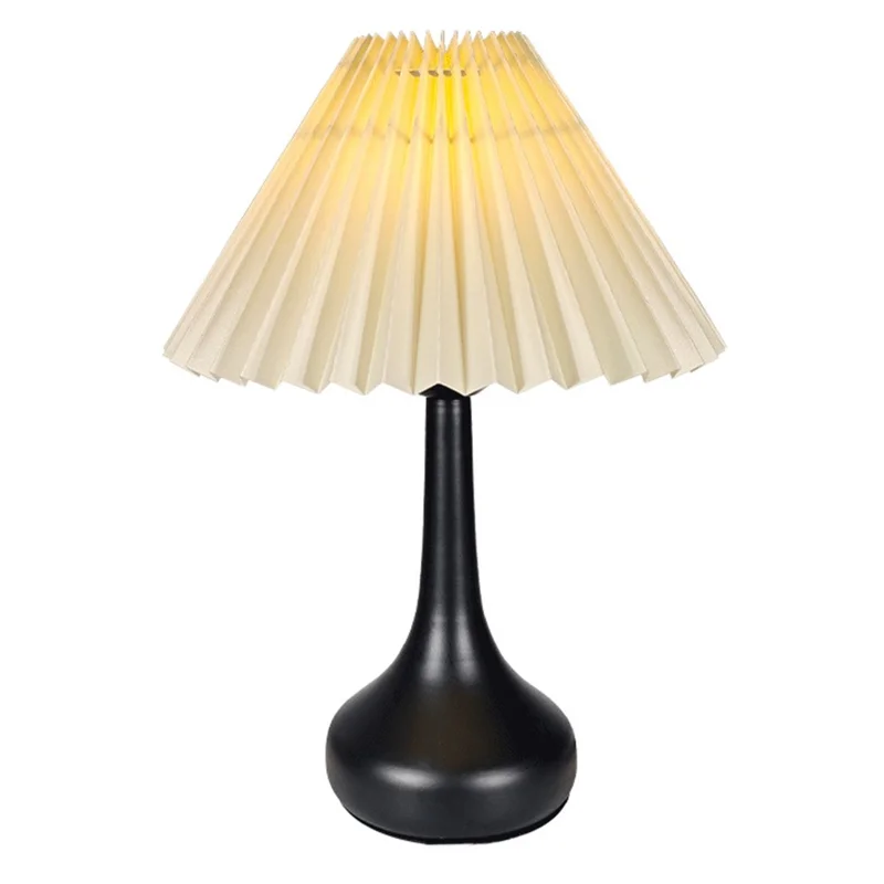 Pleated Table Lamp USB Plug In Warm Light Night Light Eye-Caring Flicker-Free LED Lamp with Metal Base - Beige Lampshade  /  Black
