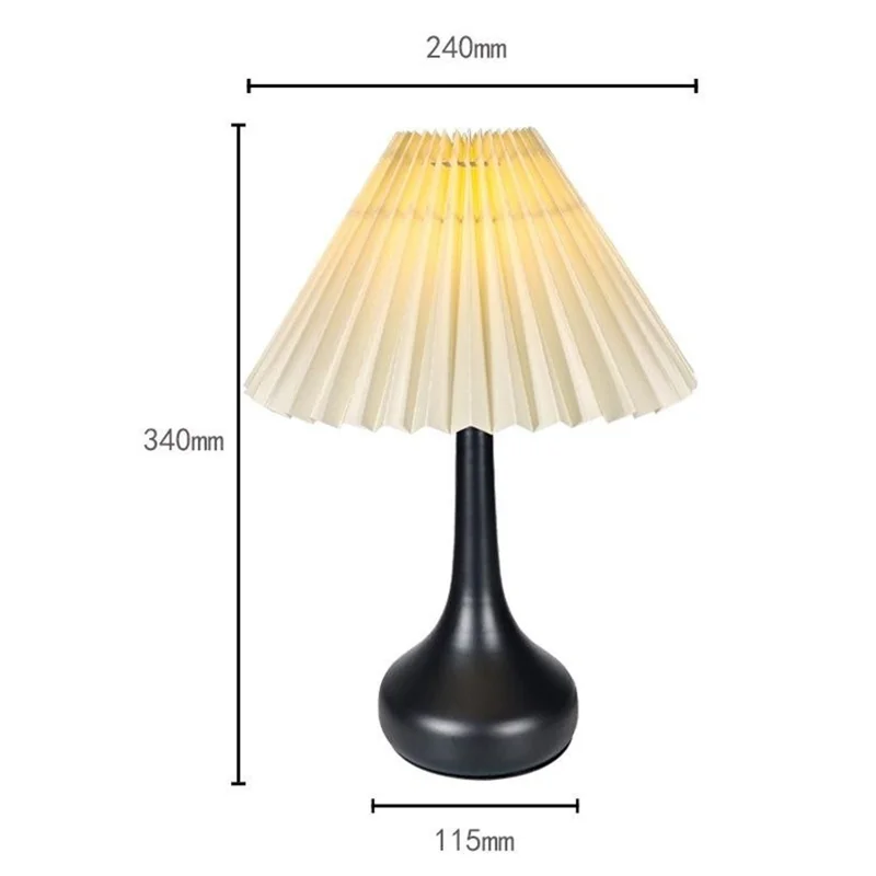 Pleated Table Lamp USB Plug In Warm Light Night Light Eye-Caring Flicker-Free LED Lamp with Metal Base - Beige Lampshade  /  Black