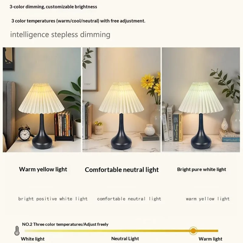 3 Color Mode Pleated Table Lamp USB Plug In Bedroom Bedside Ambient Lamp Eye-Caring Flicker-Free LED Light - Beige Lampshade  /  Black