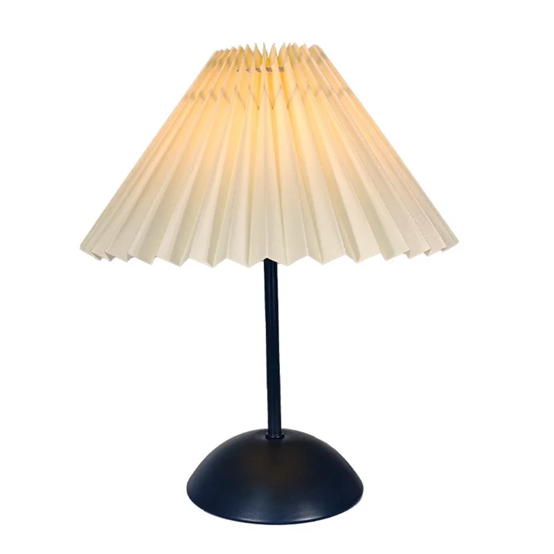 Pleated Table Lamp with 3 Color Modes + Stepless Dimming Metal Base Bedside Light USB Powered Night Light for Bedroom - Beige