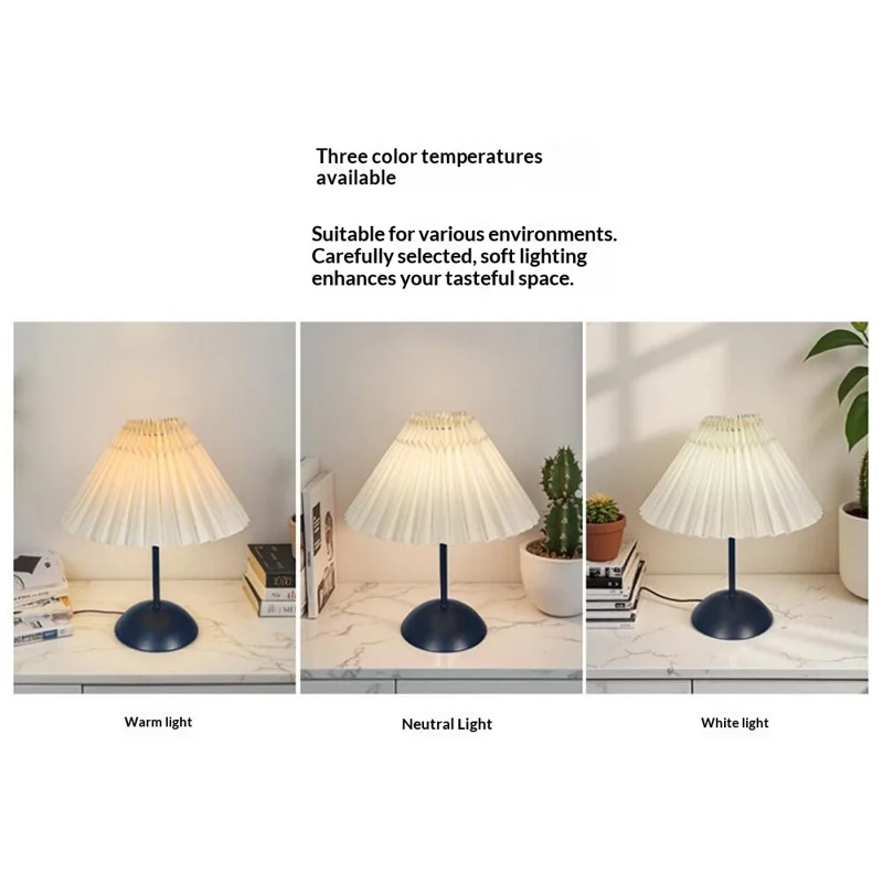 Pleated Table Lamp with 3 Color Modes + Stepless Dimming Metal Base Bedside Light USB Powered Night Light for Bedroom - Beige