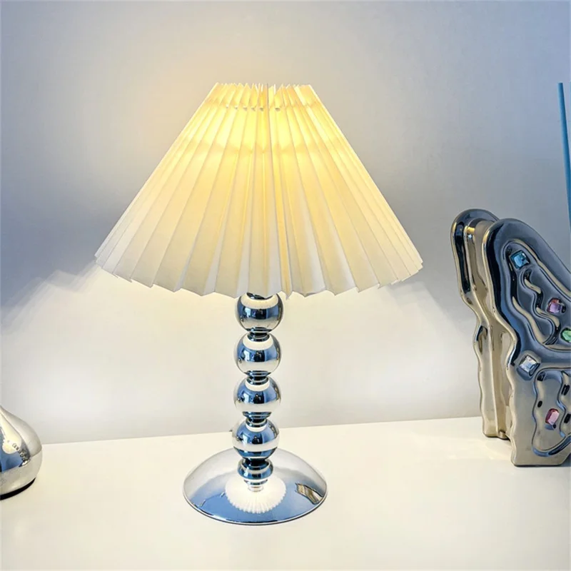 Nordic Style Pleated Table Lamp 7W 3-Color Adjustable Desk Light Eye-Caring Bedside Lamp for Home Decor, EU Plug - Silver / White Lamp Cover