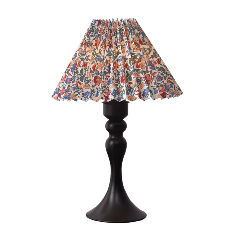 Nordic 7W Table Lamp 3 Color Dimmable Pleated Lamp Flicker-Free Eye-Care Night Light with Iron Base for Bedroom, EU Plug - Floral Print Lampshade