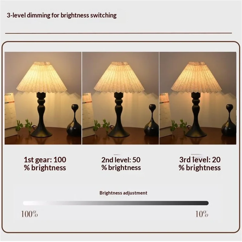 12W Pleated Bedside Lamp 3 Level Dimmable Nordic Table Lamp Flicker-Free Eye-Care Decor Light with Iron Base for Home - EU Plug -  Flax Lampshade