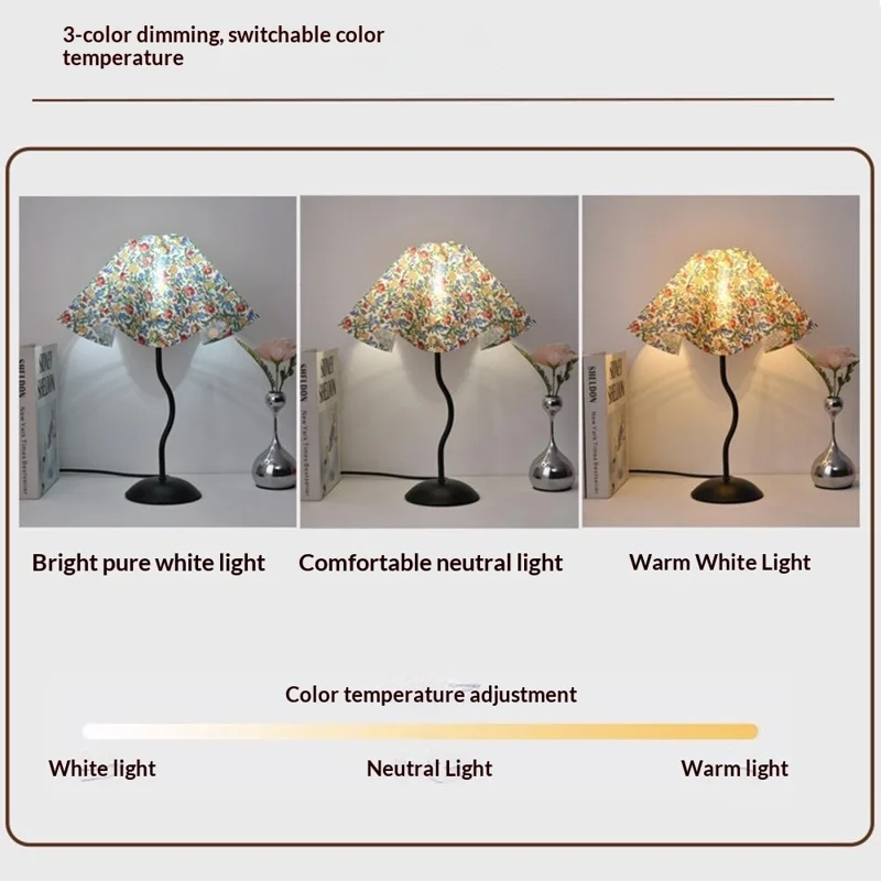 7W Bedroom Petal Bedside Lamp 3-Color Dimmable Table Lamp Flicker-Free Eye-Care Light with Metal Base for Home, EU Plug - Rustic Petal Lampshade