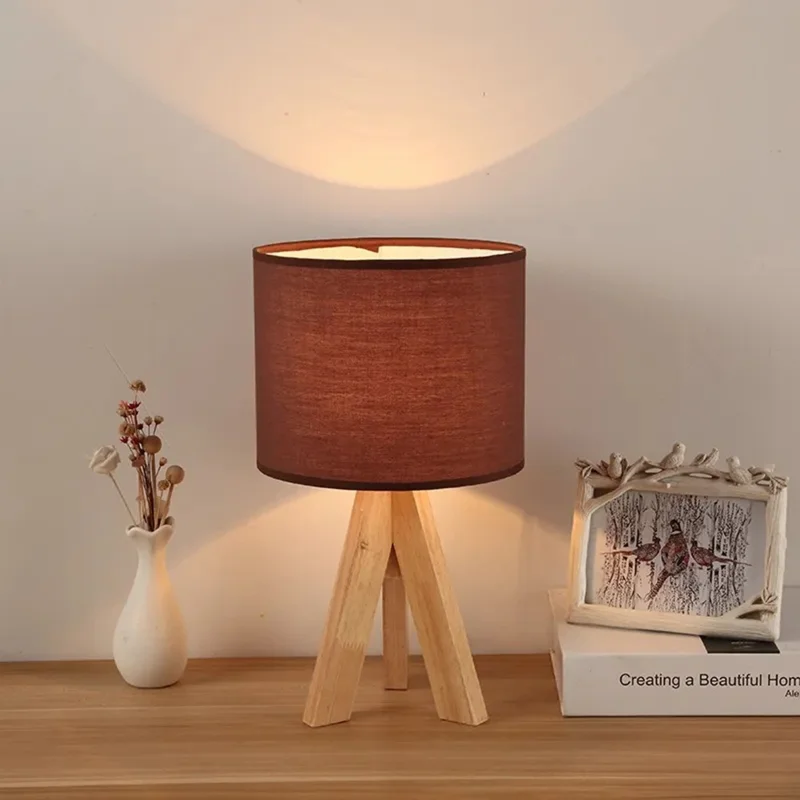 Modern Minimalist Bedside Lamp 12W 3-Color LED Lamp Flicker-Free Eye-Care Night Light with Wood Base for Home, EU Plug - Wine Red
