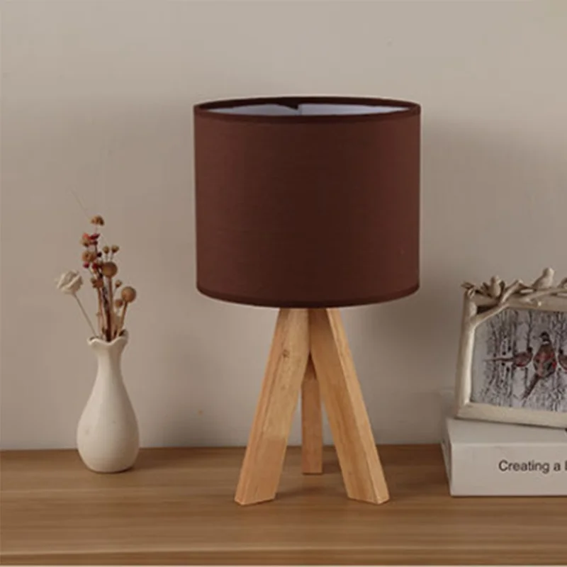 Modern Minimalist Bedside Lamp 12W 3-Color LED Lamp Flicker-Free Eye-Care Night Light with Wood Base for Home, EU Plug - Wine Red