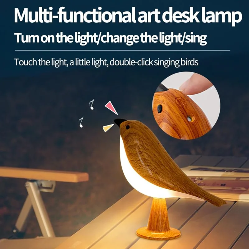 Remote  /  Touch Control Magpie Night Light with Sound Rechargeable Aromatherapy LED Lamp for Bedroom Bedside Car - Yellow Wood Grain