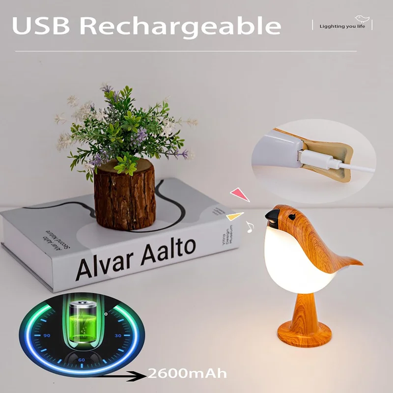 Remote  /  Touch Control Magpie Night Light with Sound Rechargeable Aromatherapy LED Lamp for Bedroom Bedside Car - Yellow Wood Grain