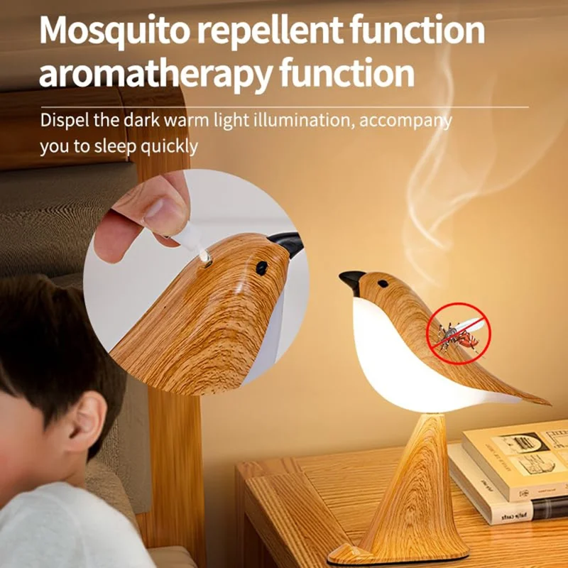 Remote  /  Touch Control Magpie Night Light with Sound Rechargeable Aromatherapy LED Lamp for Bedroom Bedside Car - Yellow Wood Grain