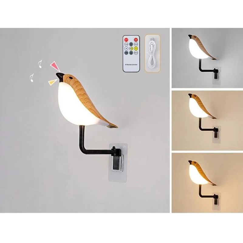 Creative LED Magpie Wall Lamp with Sound Touch  /  Remote Control Night Light USB Charging Aromatherapy Decor Light - Yellow Wood Grain