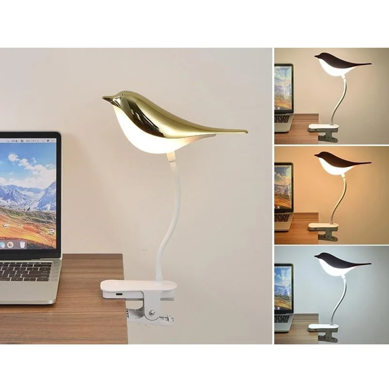 Rechargeable Bird Clip-On Lamp Eye-Care LED Reading Light with Adjustable Brightness  /  Color Temperature for Home Bedroom - Gold