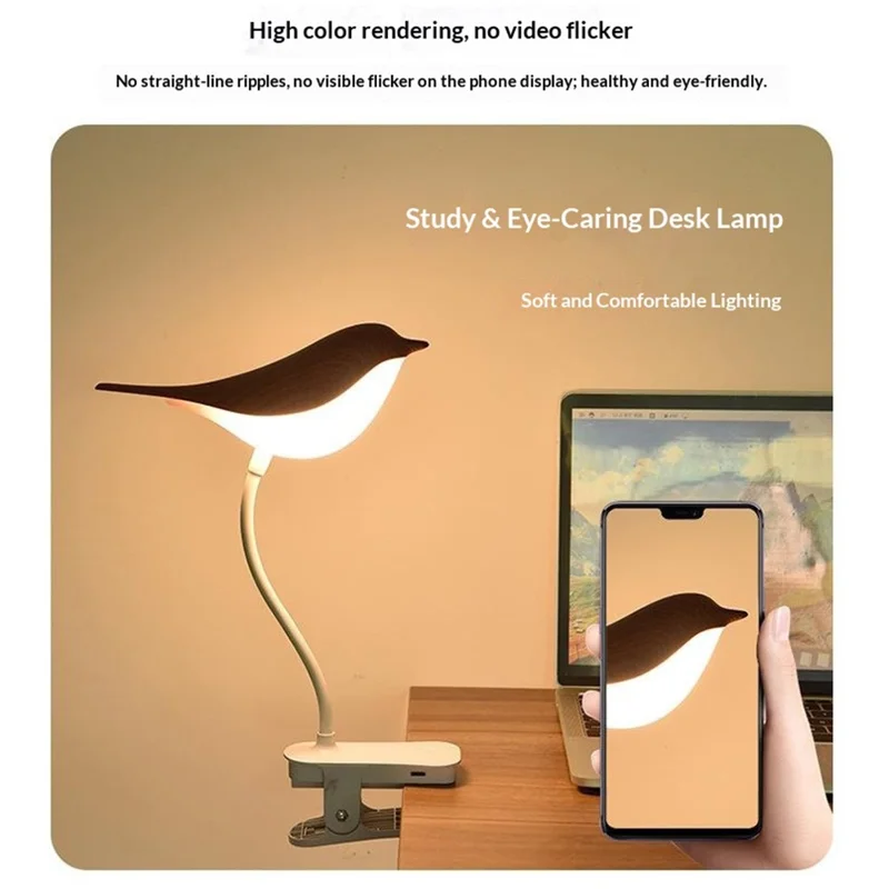 Rechargeable Bird Clip-On Lamp Eye-Care LED Reading Light with Adjustable Brightness  /  Color Temperature for Home Bedroom - Gold