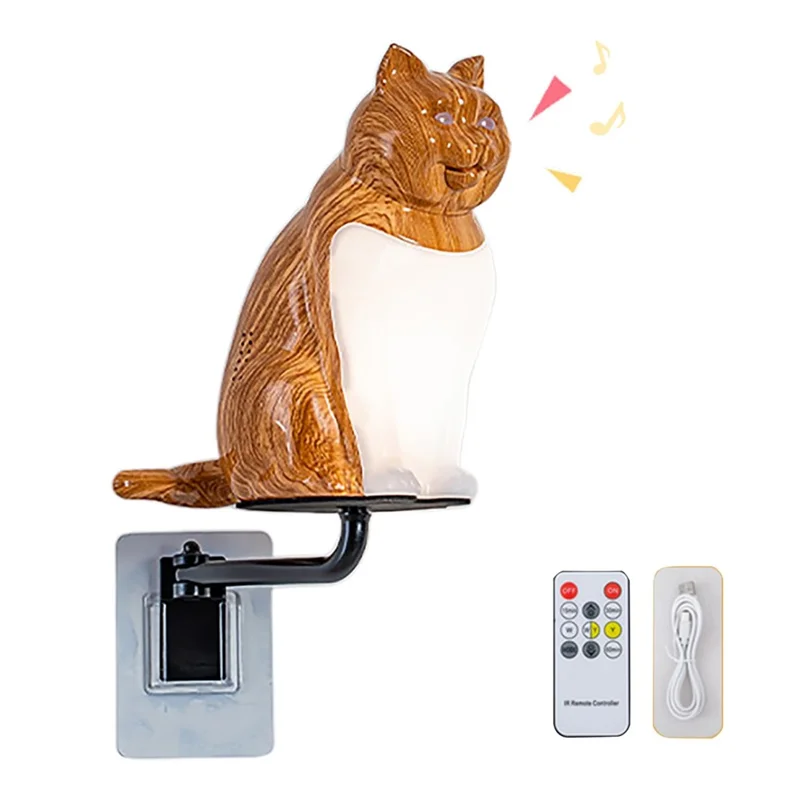 Creative Cat Ornament Wall Lamp USB Rechargeable Night Light with Sound and Aromatherapy Function for Bedroom Hallway - Maple Wood Grain