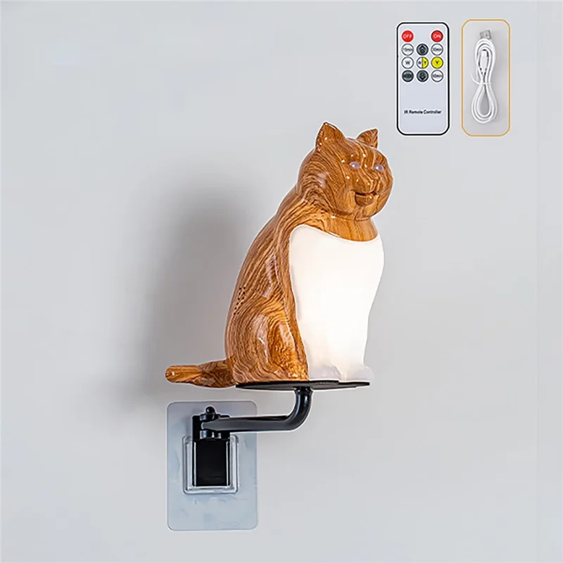 Creative Cat Ornament Wall Lamp USB Rechargeable Night Light with Sound and Aromatherapy Function for Bedroom Hallway - Maple Wood Grain