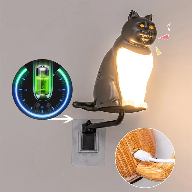 Creative Cat Ornament Wall Lamp USB Rechargeable Night Light with Sound and Aromatherapy Function for Bedroom Hallway - Maple Wood Grain