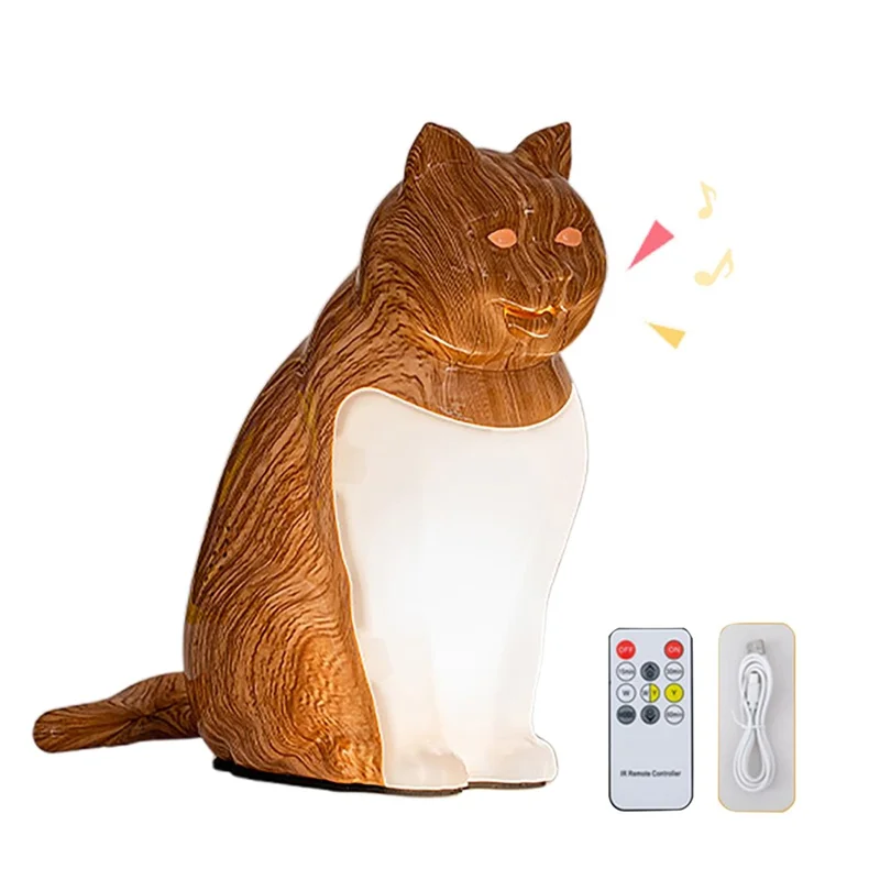 Cat Ornament Night Light for Bedroom Bedside USB Rechargeable Aromatherapy Lamp with Touch  /  Remote Control and Cat Sound - Maple Wood Grain