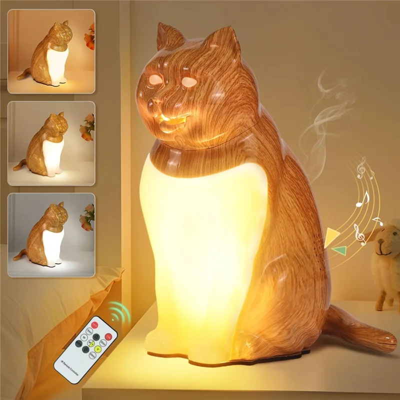 Cat Ornament Night Light for Bedroom Bedside USB Rechargeable Aromatherapy Lamp with Touch  /  Remote Control and Cat Sound - Maple Wood Grain