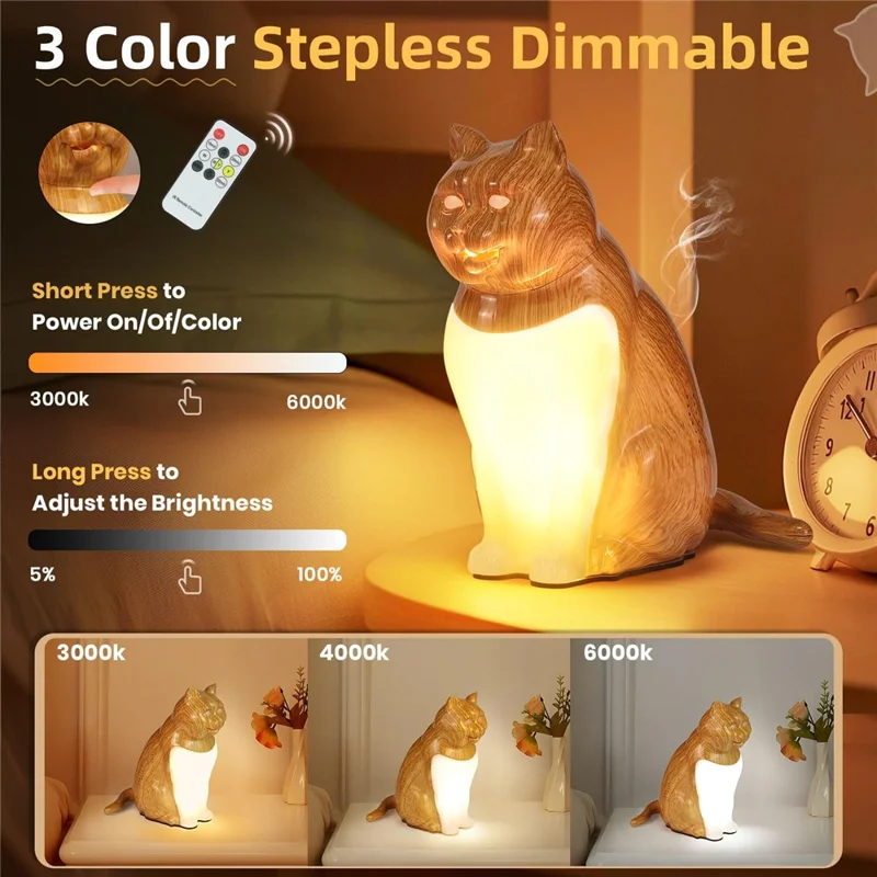 Cat Ornament Night Light for Bedroom Bedside USB Rechargeable Aromatherapy Lamp with Touch  /  Remote Control and Cat Sound - Maple Wood Grain