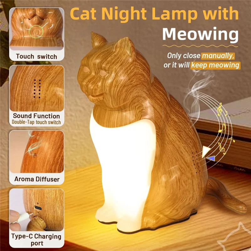 Cat Ornament Night Light for Bedroom Bedside USB Rechargeable Aromatherapy Lamp with Touch  /  Remote Control and Cat Sound - Maple Wood Grain
