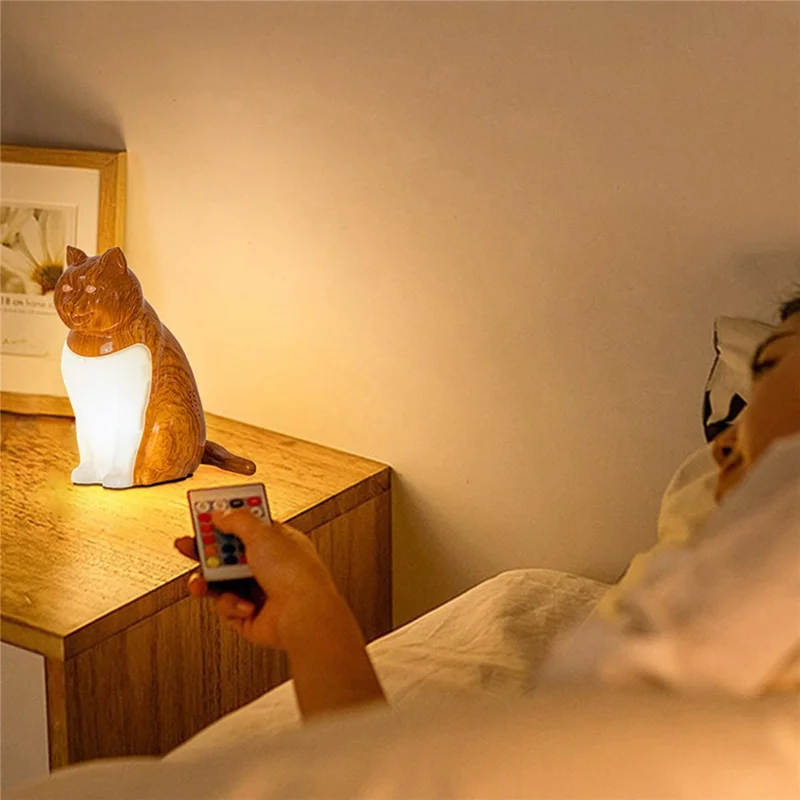 Cat Ornament Night Light for Bedroom Bedside USB Rechargeable Aromatherapy Lamp with Touch  /  Remote Control and Cat Sound - Maple Wood Grain