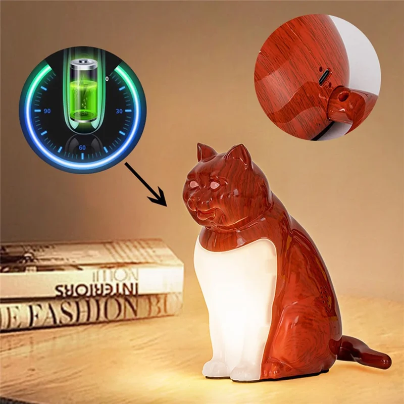 Cat Ornament Night Light for Bedroom Bedside USB Rechargeable Aromatherapy Lamp with Touch  /  Remote Control and Cat Sound - Maple Wood Grain