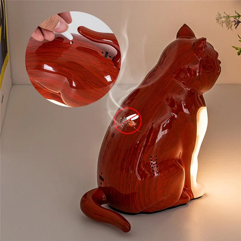 Cat Ornament Night Light for Bedroom Bedside USB Rechargeable Aromatherapy Lamp with Touch  /  Remote Control and Cat Sound - Maple Wood Grain