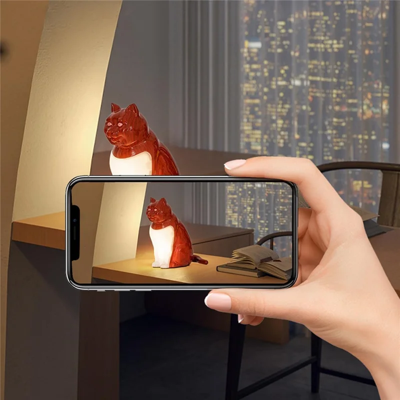 Cat Ornament Night Light for Bedroom Bedside USB Rechargeable Aromatherapy Lamp with Touch  /  Remote Control and Cat Sound - Maple Wood Grain