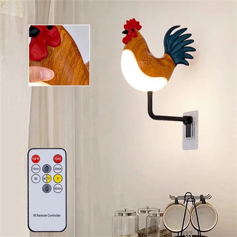 Rooster Ornament Wall Night Light for Bedroom Hallway USB Rechargeable Aromatherapy Lamp with Touch  /  Remote Control and Rooster Sound - Maple Wood Grain