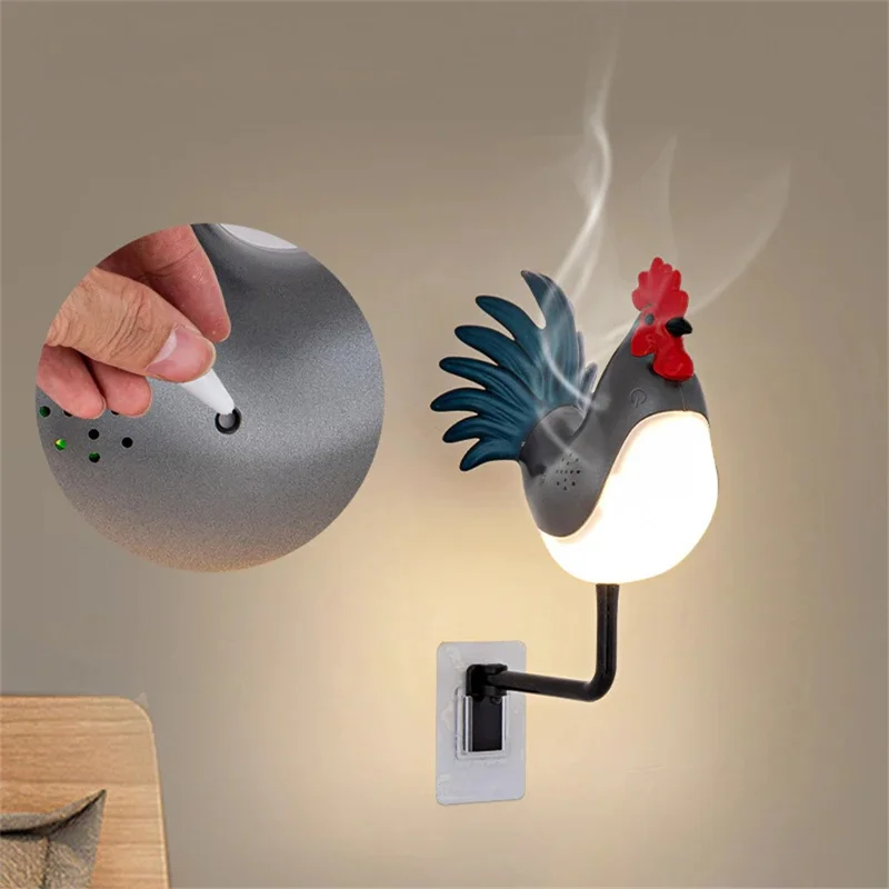 Rooster Ornament Wall Night Light for Bedroom Hallway USB Rechargeable Aromatherapy Lamp with Touch  /  Remote Control and Rooster Sound - Maple Wood Grain