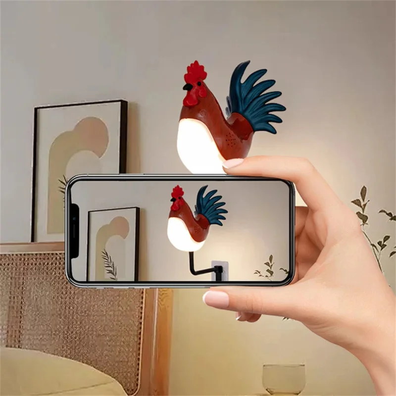 Rooster Ornament Wall Night Light for Bedroom Hallway USB Rechargeable Aromatherapy Lamp with Touch  /  Remote Control and Rooster Sound - Maple Wood Grain