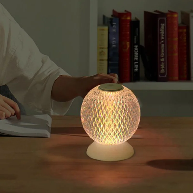 Creative LED Moon Table Lamp Crystal Ball Atmosphere Night Light for Bedroom Bedside with USB Charging for Indoor Decoration - Wood Grain Color