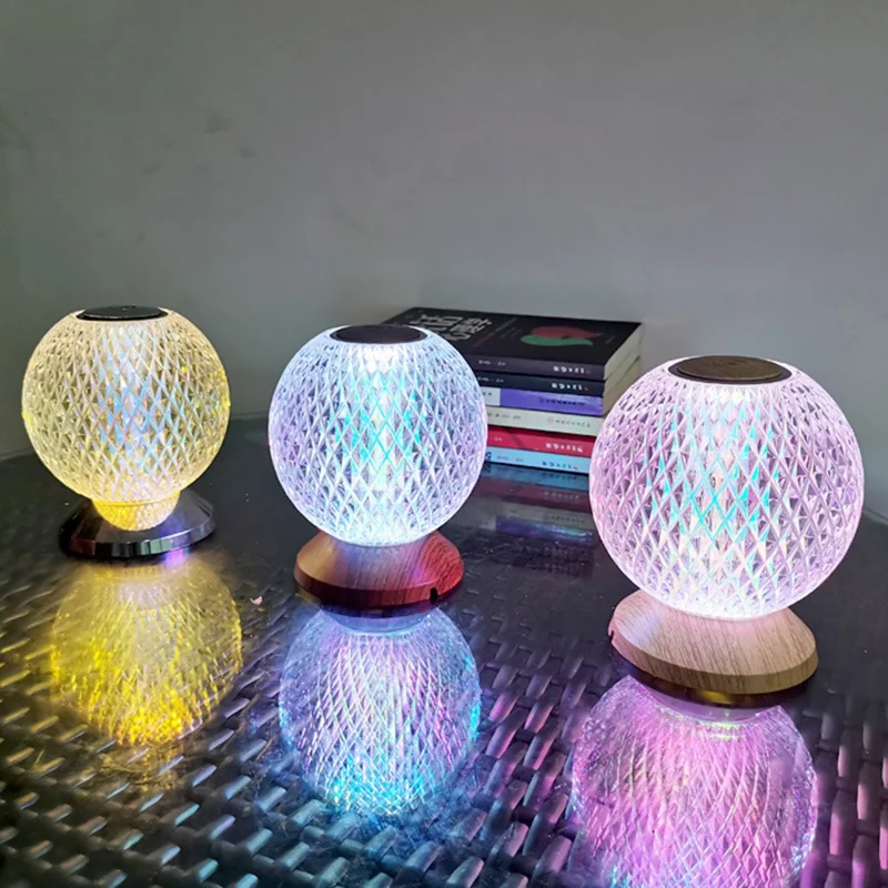 Creative LED Moon Table Lamp Crystal Ball Atmosphere Night Light for Bedroom Bedside with USB Charging for Indoor Decoration - Wood Grain Color