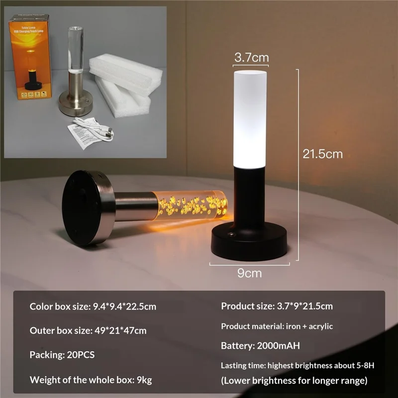Rechargeable Table Lamp LED 3 Color Temperature Dimmable Ambient Light for Bedroom Dining Camping - Gold / Transparent Light Column