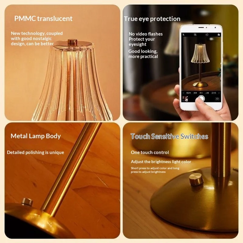 Retro Metal LED Table Lamp Touch Control 3 Color Temperatures USB Rechargeable Bedside Light Home Decor - Transparent Lampshade / Slim Pole