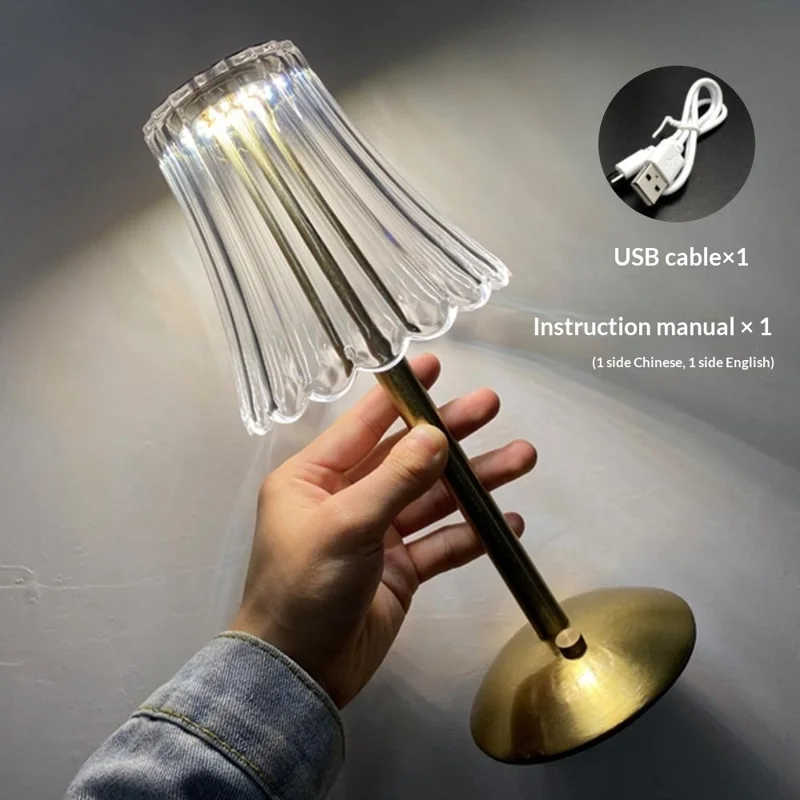 Retro Metal LED Table Lamp Touch Control 3 Color Temperatures USB Rechargeable Bedside Light Home Decor - Transparent Lampshade / Slim Pole