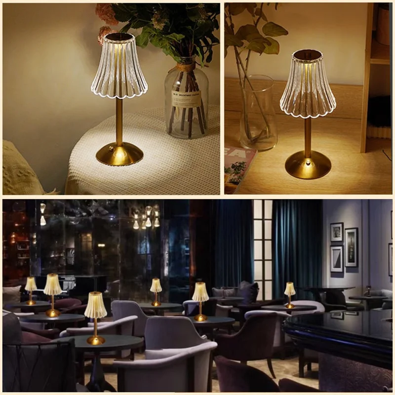 Retro Metal LED Table Lamp Touch Control 3 Color Temperatures USB Rechargeable Bedside Light Home Decor - Transparent Lampshade / Slim Pole