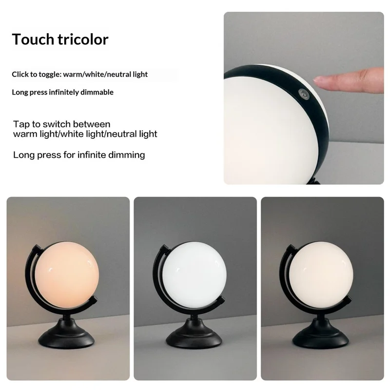 Вращающийся напольный ночной светильник-глобус с 3 цветовыми температурами и сенсорным управлением, светодиодная прикроватная лампа — черная