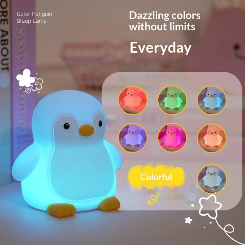 7 Color Changing Penguin Shape Silicone Night Light Tap Control Bedside Lamp with Timer for Children's Bedroom - Blue