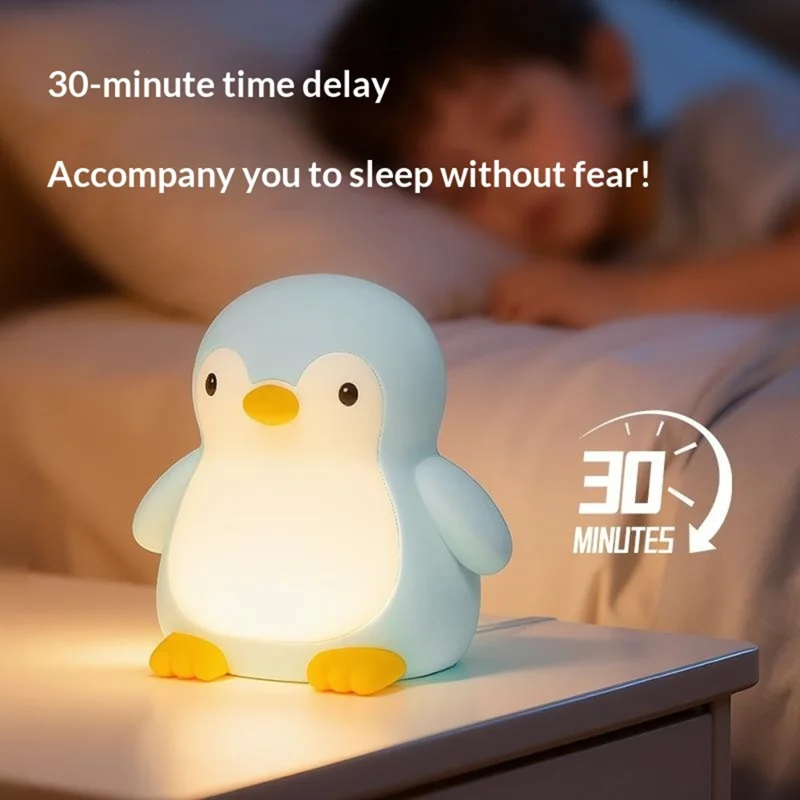 7 Color Changing Penguin Shape Silicone Night Light Tap Control Bedside Lamp with Timer for Children's Bedroom - Blue