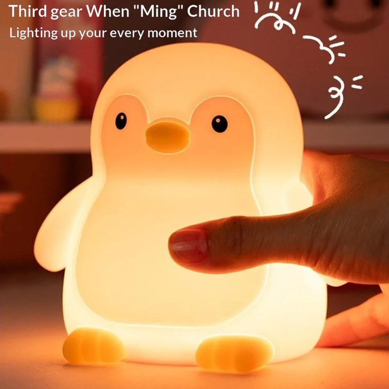 7 Color Changing Penguin Shape Silicone Night Light Tap Control Bedside Lamp with Timer for Children's Bedroom - Blue