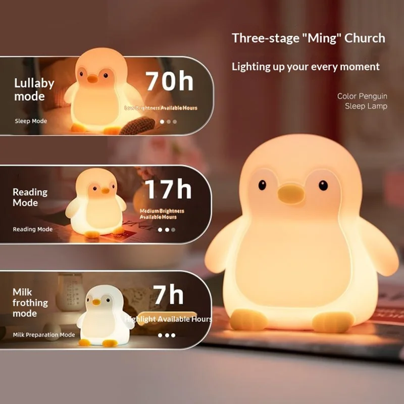 7 Color Changing Penguin Shape Silicone Night Light Tap Control Bedside Lamp with Timer for Children's Bedroom - Blue