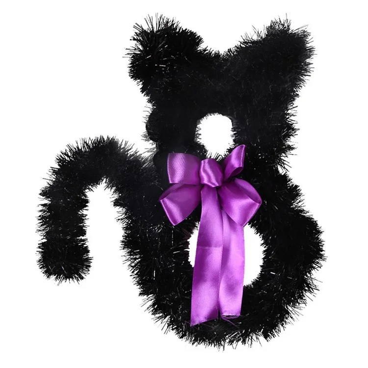 Small Size Cat Shape Wreath Halloween Decor PET Rattan Circle Door Wall Hanging Ornament - Black
