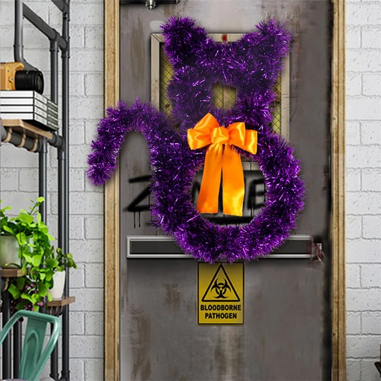 Small Size Cat Shape Wreath Halloween Decor PET Rattan Circle Door Wall Hanging Ornament - Black