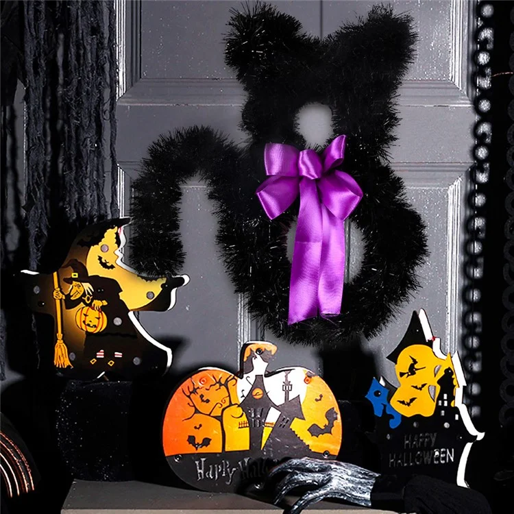 Small Size Cat Shape Wreath Halloween Decor PET Rattan Circle Door Wall Hanging Ornament - Black