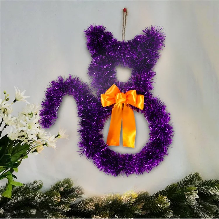 Small Size Cat Shape Wreath Halloween Decor PET Rattan Circle Door Wall Hanging Ornament - Black