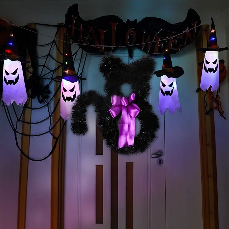 Small Size Cat Shape Wreath Halloween Decor PET Rattan Circle Door Wall Hanging Ornament - Black