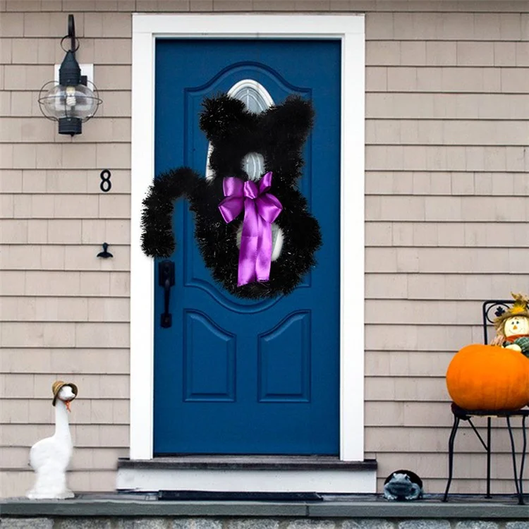 Small Size Cat Shape Wreath Halloween Decor PET Rattan Circle Door Wall Hanging Ornament - Black