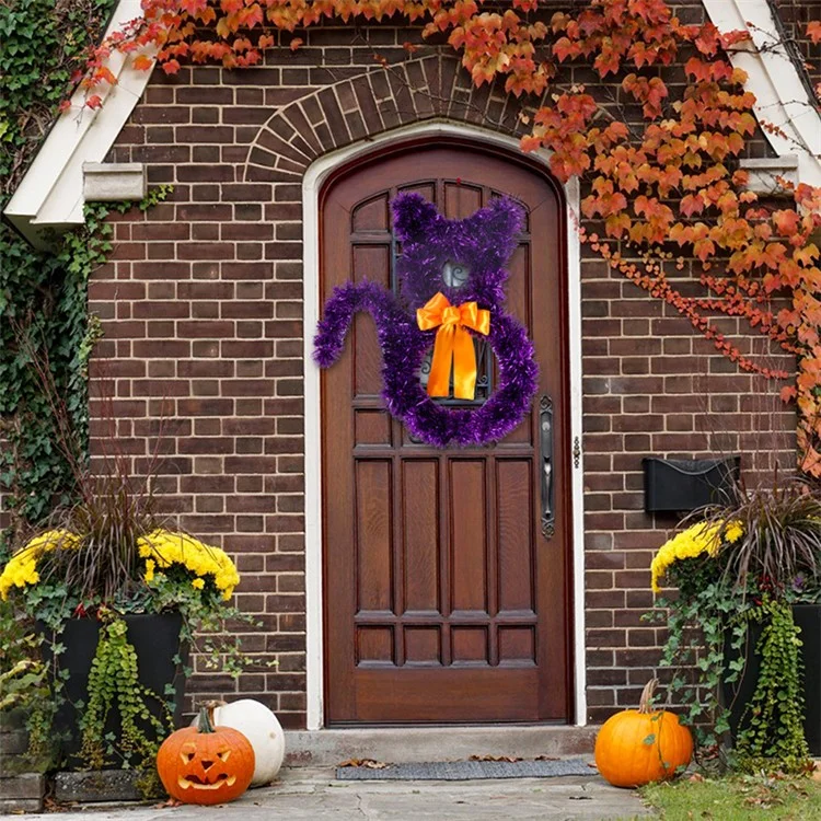 Small Size Cat Shape Wreath Halloween Decor PET Rattan Circle Door Wall Hanging Ornament - Black